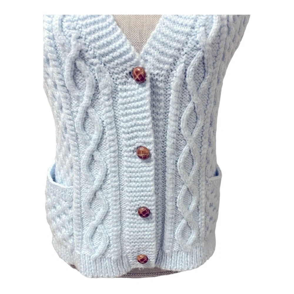 Baby Blue Chunky Hand Knit Vest 1970s Size Small